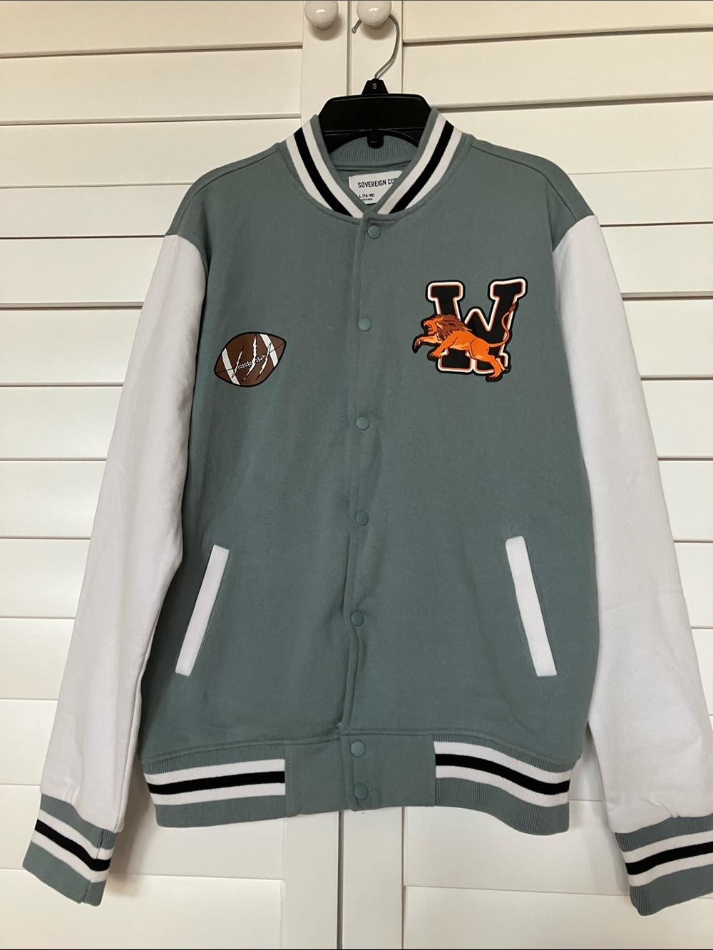 Sovereign Code Sage Green and White Varsity Bomber Jacket with Orange Patch